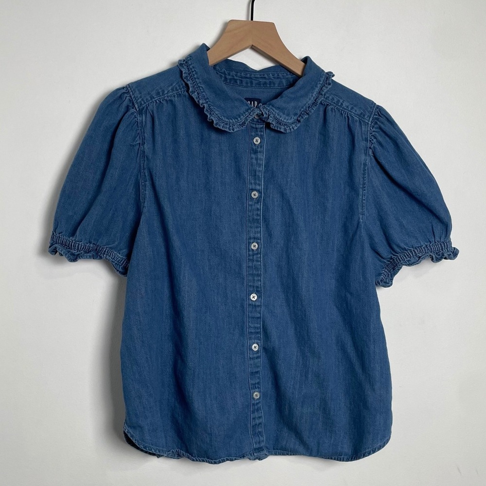 Cottagecore Denim Blouse Women L Blue Puff Sleeve Ruffle Collar Prairie Romantic